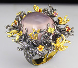 Кольцо из серебра 925 пробы с розовым кварцем и разноцветными сапфирами. Серебро 925