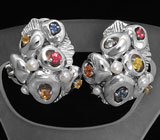 Серьги из серебра 925 пробы с жемчугом и разноцветными сапфирами. Серебро 925