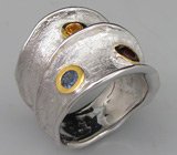 Кольцо из серебра 925 пробы с цитрином, гранатом и сапфиром. Серебро 925