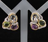 Серьги из серебра 925 пробы с топазами, перидотами и аметистами. Серебро 925