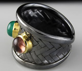 Кольцо из серебра 925 пробы с розовым турмалином, родолиом гранатом и зеленым агатом. Серебро 925