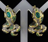 Серьги из серебра 925 пробы с зелеными агатами и гранатами. Серебро 925