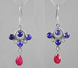 Серьги с индийскими рубинами и  синими сапфирами Серебро 925