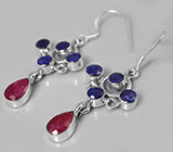 Серьги с индийскими рубинами и  синими сапфирами Серебро 925