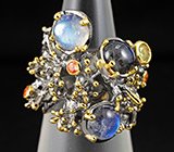 Кольцо c лабрадоритами, лунным камнем, цитрином и оранжевыми сапфирами Серебро 925