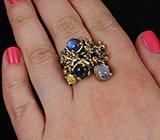 Кольцо c лабрадоритами, лунным камнем, цитрином и оранжевыми сапфирами Серебро 925