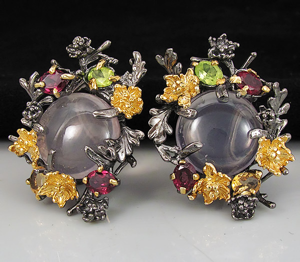 Серьги из серебра 925 пробы с розовым кварцем и самоцветами
