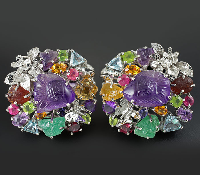 Потрясающие КРУПНЫЕ серьги с резными аметистами и самоцветами! Ручная работа