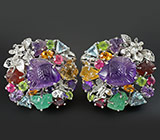 Потрясающие КРУПНЫЕ серьги с резными аметистами и самоцветами! Ручная работа Серебро 925