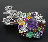Потрясающие КРУПНЫЕ серьги с резными аметистами и самоцветами! Ручная работа Серебро 925