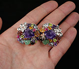 Потрясающие КРУПНЫЕ серьги с резными аметистами и самоцветами! Ручная работа Серебро 925