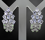 Великолепные серьги с танзанитами и цаворитами Серебро 925