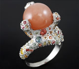 Необычное высокое кольцо с лунным камнем и разноцветными сапфирами Серебро 925