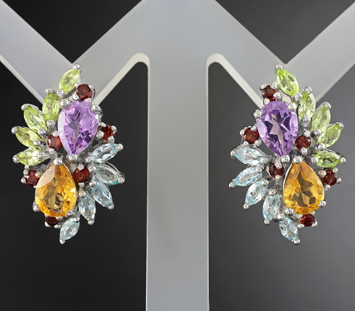 Серьги с аметистами, цитринами, топазами, перидотами и гранатами