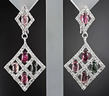 Серьги с кабошонами разноцветных турмалинов и бесцветными топазами Серебро 925