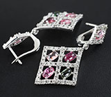 Серьги с кабошонами разноцветных турмалинов и бесцветными топазами Серебро 925