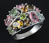 Эффектное кольцо с разноцветными турмалинами Серебро 925