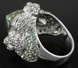 Крупное кольцо c празиолитом, зелеными сапфирами и бесцветными топазами Серебро 925