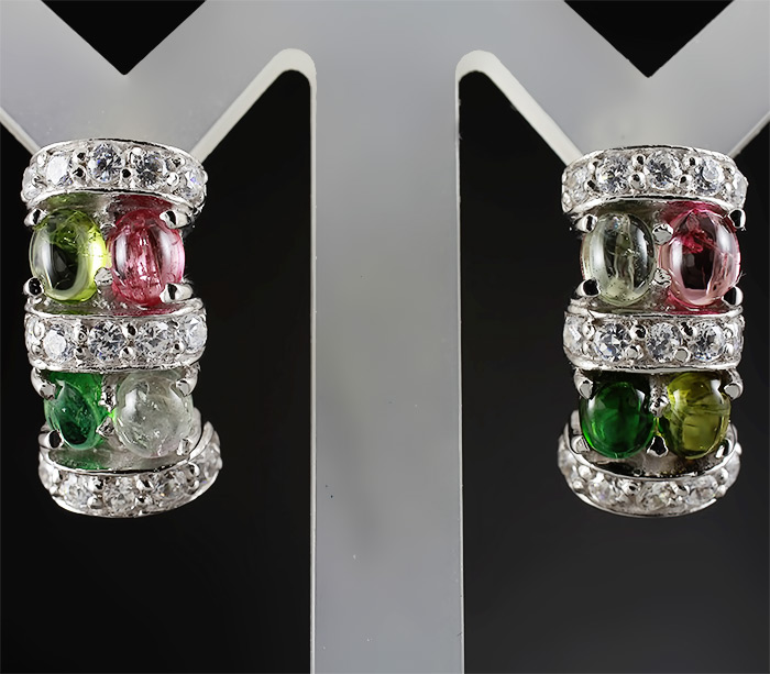 Серьги с кабошонами разноцветных турмалинов