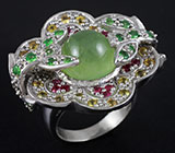 Кольцо c пренитом, цаворитами гранатами, пурпурными и золотистыми сапфирами Серебро 925