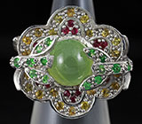 Кольцо c пренитом, цаворитами гранатами, пурпурными и золотистыми сапфирами Серебро 925