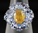Эффектное кольцо c желтым сапфиром и танзанитами Серебро 925