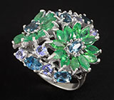 Роскошное кольцо с изумрудами, топазами и танзанитами Серебро 925