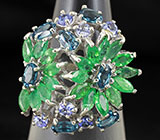Роскошное кольцо с изумрудами, топазами и танзанитами Серебро 925