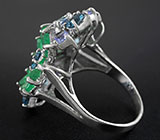 Роскошное кольцо с изумрудами, топазами и танзанитами Серебро 925