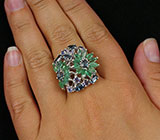 Роскошное кольцо с изумрудами, топазами и танзанитами Серебро 925