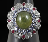 Кольцо c зеленым апатитом, танзанитами и пурпурными сапфирами Серебро 925