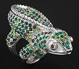 Скульптурное кольцо "Саламандра" c зелеными агатами, дымчатым кварцем, перидотами и гранатами Серебро 925