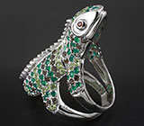 Скульптурное кольцо "Саламандра" c зелеными агатами, дымчатым кварцем, перидотами и гранатами Серебро 925