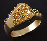 Кольцо c цаворитами гранатами, золотистыми и синими сапфирами Серебро 925