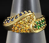 Кольцо c цаворитами гранатами, золотистыми и синими сапфирами Серебро 925