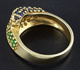 Кольцо c цаворитами гранатами, золотистыми и синими сапфирами Серебро 925