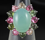 Крупное кольцо с халцедоном и разноцветными турмалинами Серебро 925