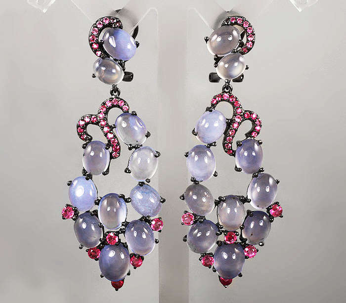 Серьги с лавандовым халцедоном и розовыми сапфирами