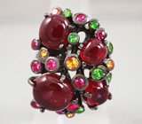 Кольцо c рубином, разноцветными сапфирами и цаворитами Серебро 925