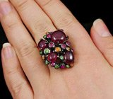 Кольцо c рубином, разноцветными сапфирами и цаворитами Серебро 925