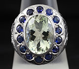 Стильное кольцо с зеленым аметистом и синими сапфирами Серебро 925