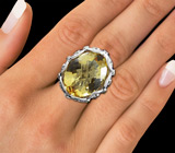 Крупное кольцо с лимонным цитрином, цаворитами и танзанитами Серебро 925