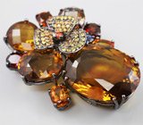 Брошь/кулон c цитринами мадейра, мозамбикскими гранатами, синим, оранжевым и желтыми сапфирами Серебро 925