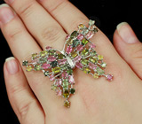 Крупное кольцо "Бабочка" с разноцветными турмалинами Серебро 925