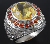 Крупное кольцо с цитрином и золотистыми сапфирами Серебро 925