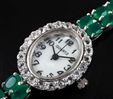 Часы с бесцветными топазами на серебряном браслете с зелеными агатами Серебро 925