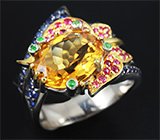 Серебряное кольцо c цитрином, цаворитами гранатами, пурпурными и синими сапфирами Серебро 925