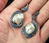 Серебряные серьги с жемчугом Mabe и синими сапфирами Серебро 925
