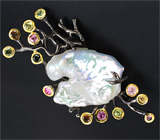 Серебряная брошь с жемчужиной Mabe и разноцветными турмалинами Серебро 925