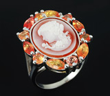 Серебряное кольцо с камеей и золотистыми сапфирами Серебро 925